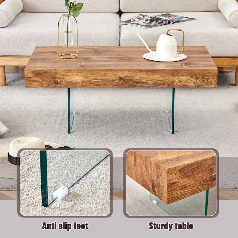 Living Room Dining Table Accent Table with Wood Grain Top, Square Coffee Table with Tempered Glass Legs