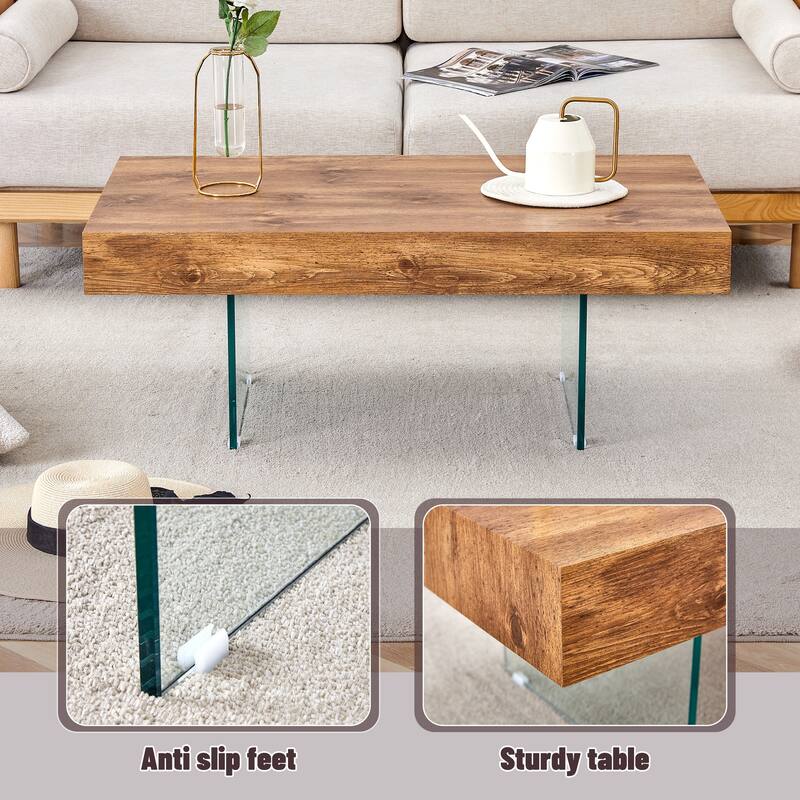 Natural Style MDF Coffee Table - 39.3"x21.6" with Tempered Glass Legs.Density Board Sticker,Reinforced Glass.