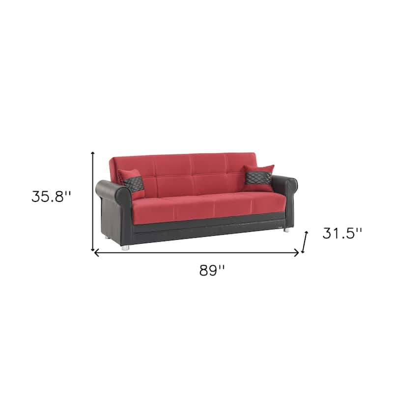HomeRoots 89" Black And Burgundy Faux Leather And Velvet Convertible Futon Sleeper Sofa With Toss Pillows And Storage