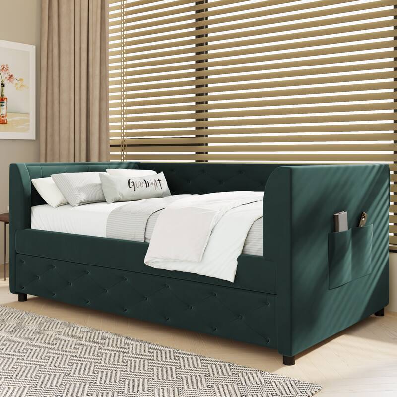 Twin Velvet Tufted Daybed with Trundle & Storage - 400LB Capacity