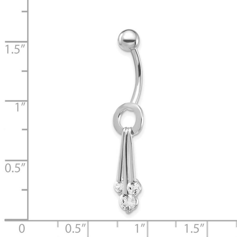 Curata Solid 10k White Gold with Dangly Cubic Zirconia Belly Ring Dangle (7mm x 40mm)