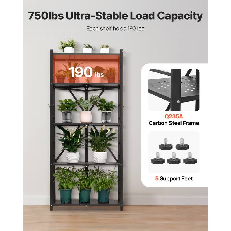 Black Carbon Steel 5 Tier Folding Storage Shelf with Wheels and 750 lbs Load - 15 x 28 x 64 in
