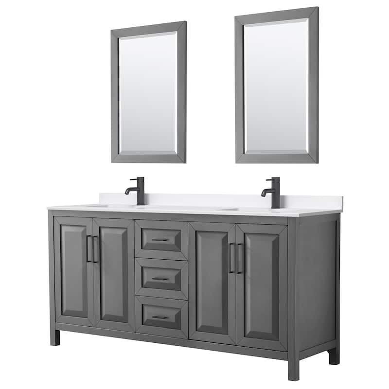 Daria 72-inch Double Vanity, Single Hole Quartz Top, 24-inch Mirrors - Dark Gray, Black Trim, White Quartz Top