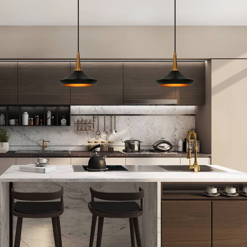 Conia Modern 1-Light Black Gold Cone Pendant Light for Kitchen Island - 9" D x 8.3" H