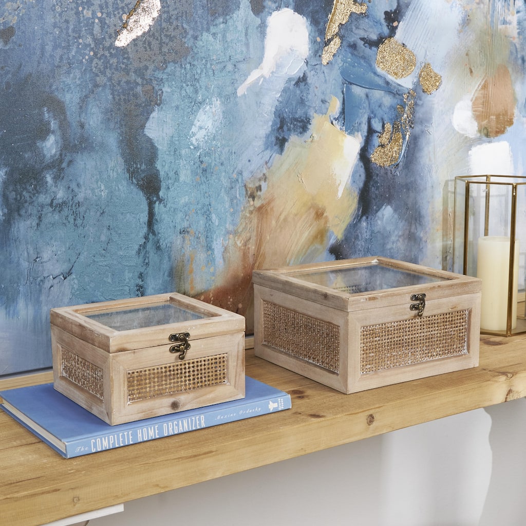Light Brown Wood Decorative Box with Rattan Panels and Glass Tops (Set of 2) - 9", 7"W