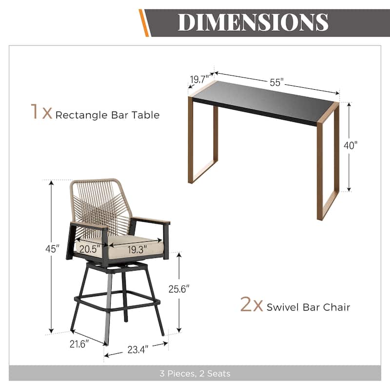 Outdoor Patio 3-piece Bar Counter Height Stool Bistro Set with Table for Backyard, Deck, Porch