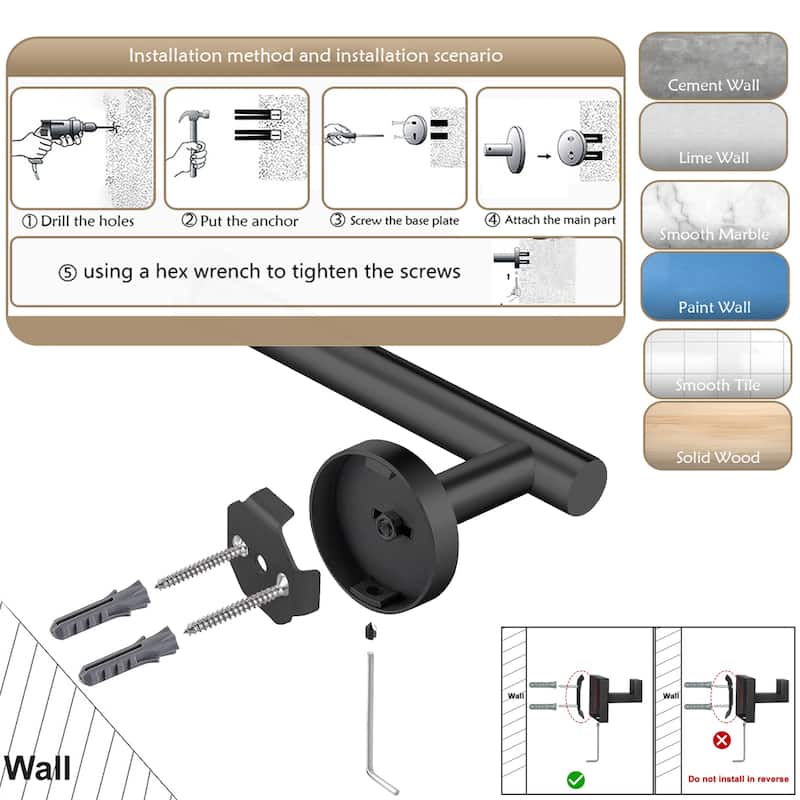 AITINKAN 5-Piece Bathroom Hardware Set Towel Ring Set in Matte Black