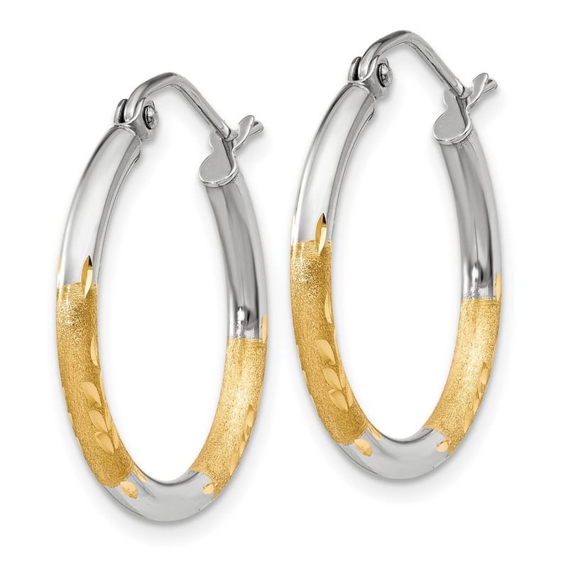 Curata 14k Yellow Gold and Rhodium 17x2mm Satin and Diamond Cut Hoop Earrings