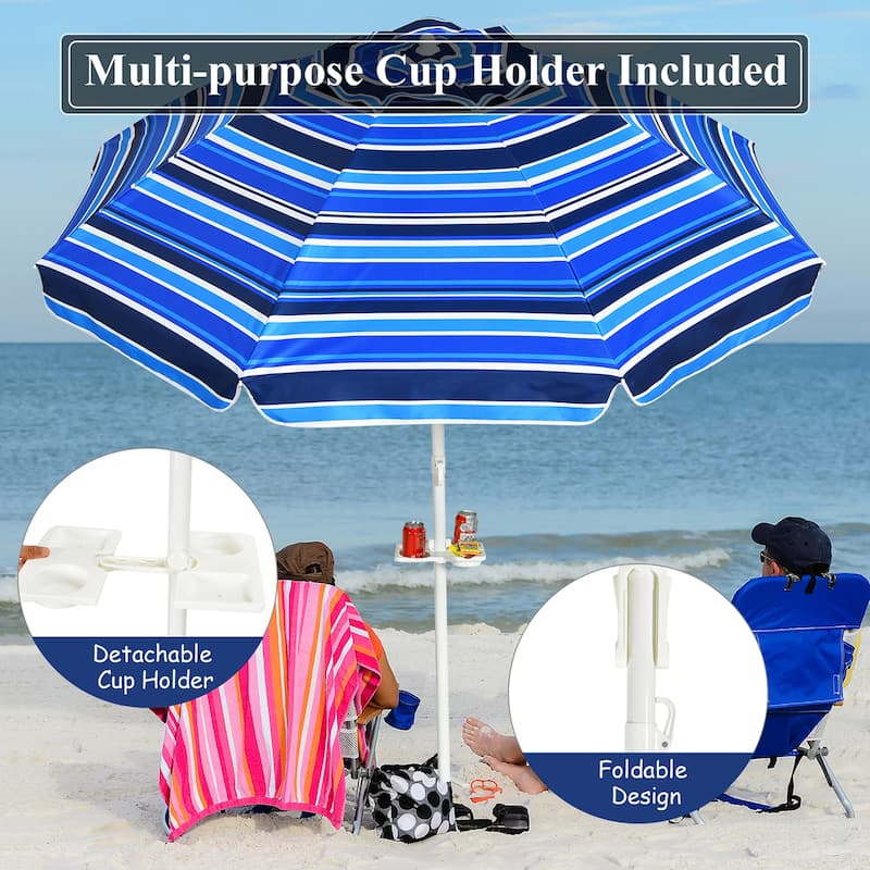 Costway 7.2 FT Portable Beach Umbrella Tilt Sand Anchor Cup Holder - 7.2' x 7.2'