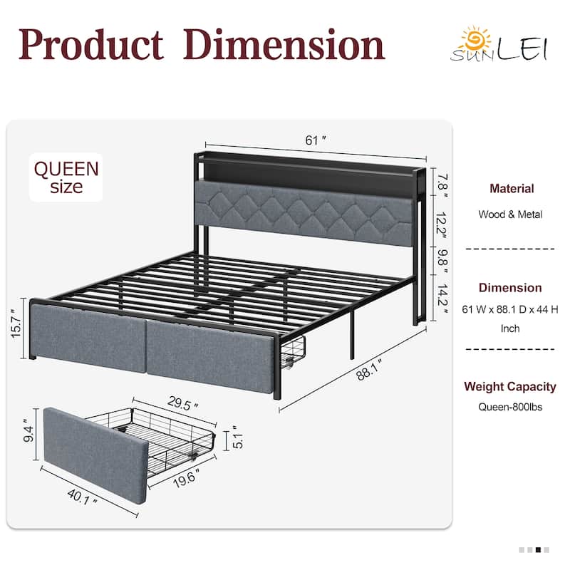 Queen Size Upholstered Bed with Storage Drawers, LED Headboard & USB Ports - Modern Fabric Platform Bed