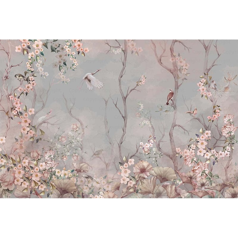Cherry Blossom and Birds Wallpaper Mural Pastel Floral Serenity - Blue - W:175" x H:118"