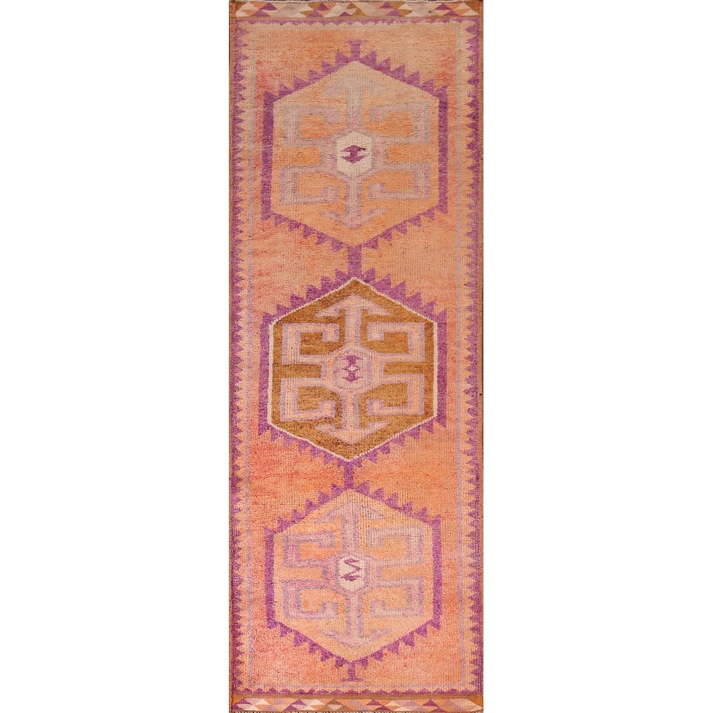 Geometric Oushak Oriental Vintage Runner Rug Hand-Knotted Wool Carpet - 3'6"x 10'4"