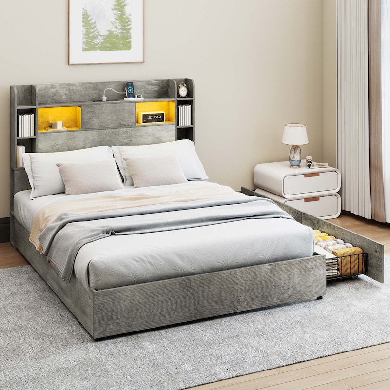 Moasis Queen/King Size Bed Frame with Bookcase Headboard and 4 Storage Drawers