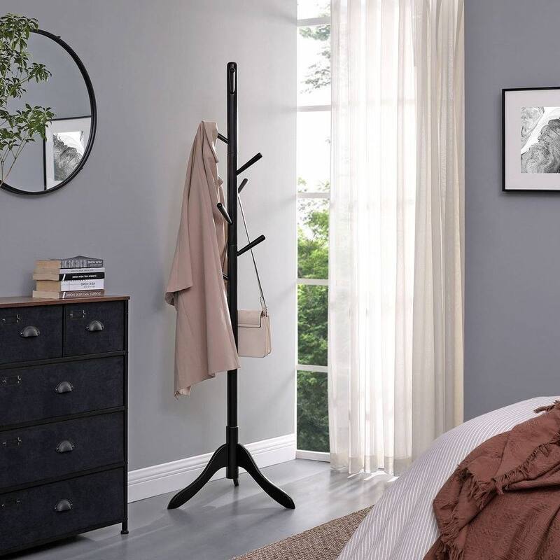 Solid Wood Modern Coat Rack, 8 Hooks, 53 lb Capacity, Adjustable 3-Section Design with Triangular Base