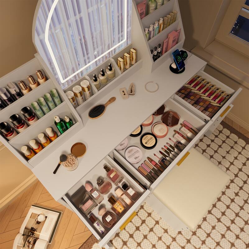 Elegant 47.2" White Vanity Desk with Lighted Mirror and Storage Stool