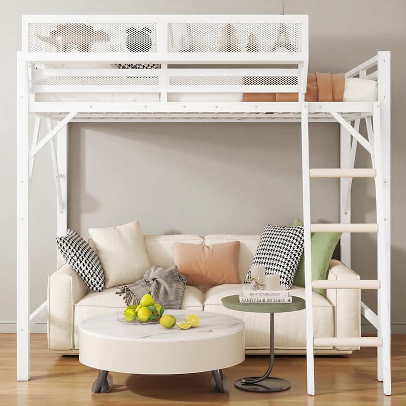 Full/Queen Size Metal Loft Bed with Storage Shelves, Guardrails, and Ladder, Space-Saving High Loft Bed for Kids and Teens - White - Queen