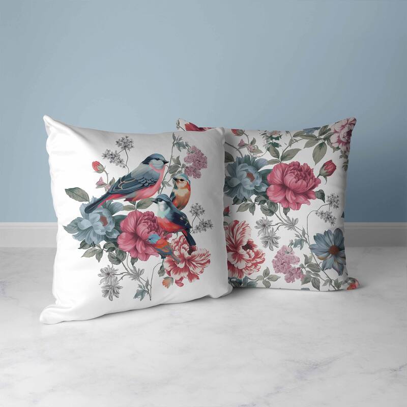 Petal Perched Birds Faux Suede Reversible Throw Pillow White and Pink