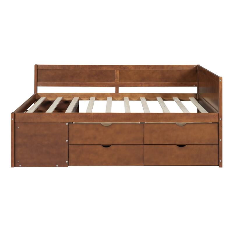Pine Wood Daybed Frame with 4 Storage Drawers & Shelves