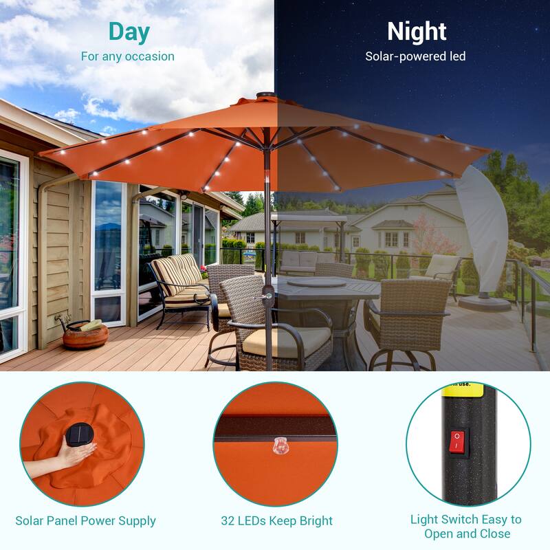 BONOSUKI 9ft Patio Solar Umbrella LED Patio Market Steel Tilt w/Crank