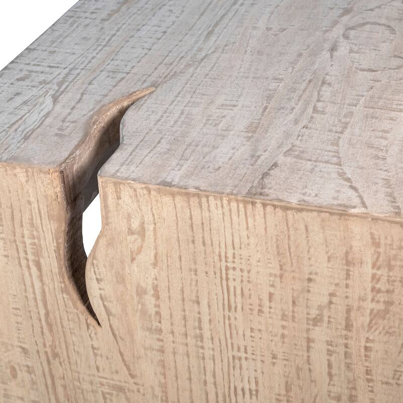 Evie Reclaimed Pine 84" Waterfall Style Dining Table Bench in Light Wash Finish and Cutout Detail