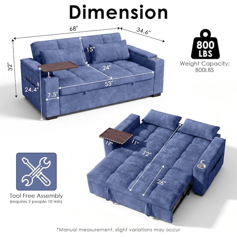 68" Chenille Fabric Sleeper Sofa Bed,Pull Out Couch with 360 Degree Swivel Side Table,USB Port,Cup Holder,Armrest Storage
