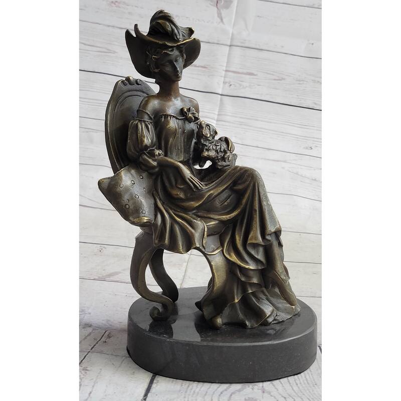 Signed Original Imitative Fisher Victorian Girl Holding Imitative Dog Bronze Sculpture Statue Decor