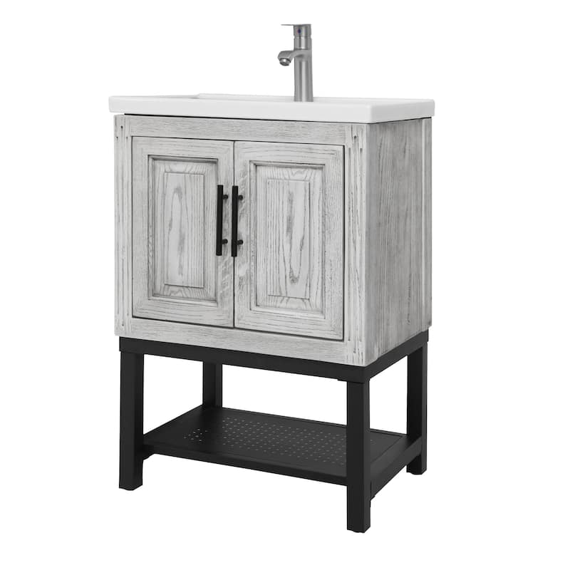 GDFStudio - CompactLine Modern Freestanding Bathroom Vanity with Ceramic Sink and Open Shelf - 24 Inch