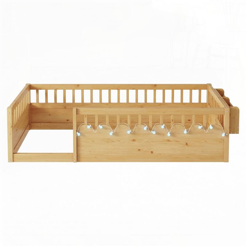 Montessori Floor Bed Frame with with Light and Storage Shelf
