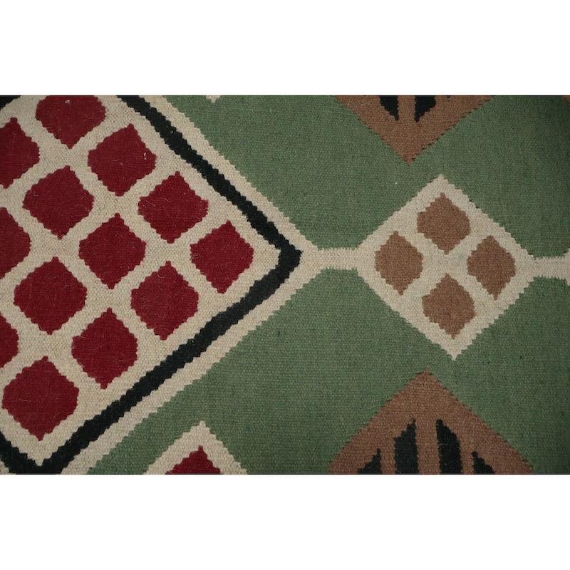 Hand Woven Oriental 100% Wool Carpet Southwestern Tribal Green Kilim Area Rug - 9' 8'' X 5' 1''