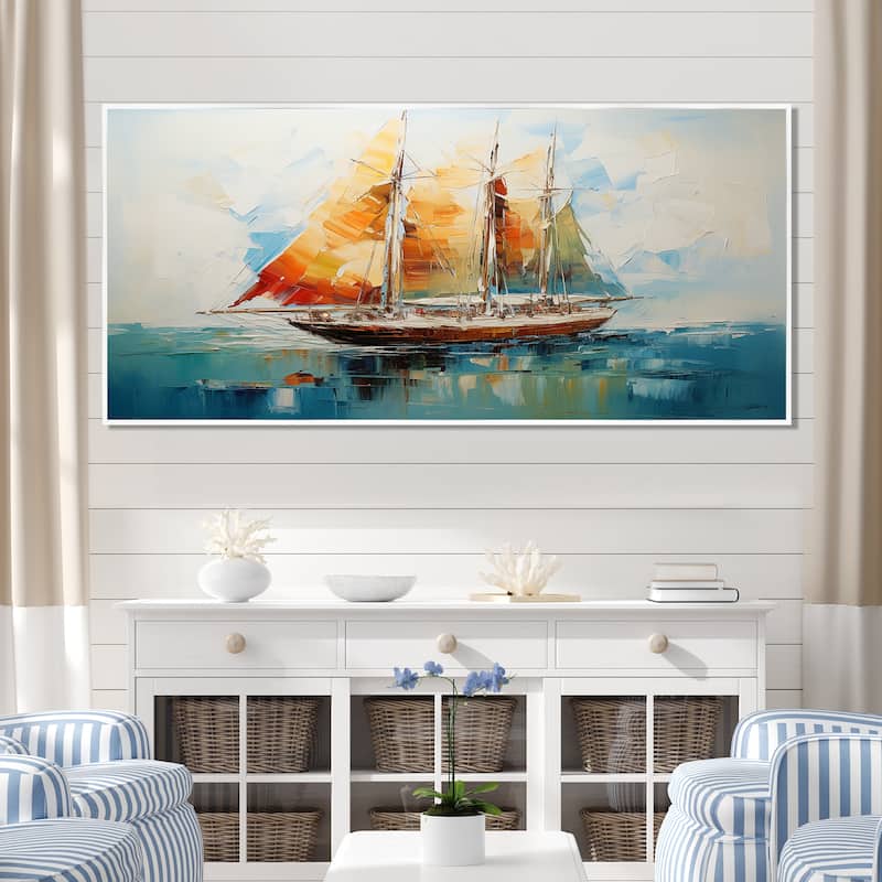 Designart "Moonlight Saiboat Horizon I" Boat Sailing Orange Wall Decor - Modern Entryway Framed Wall Art - 60 in. wide x 28 in. high - White