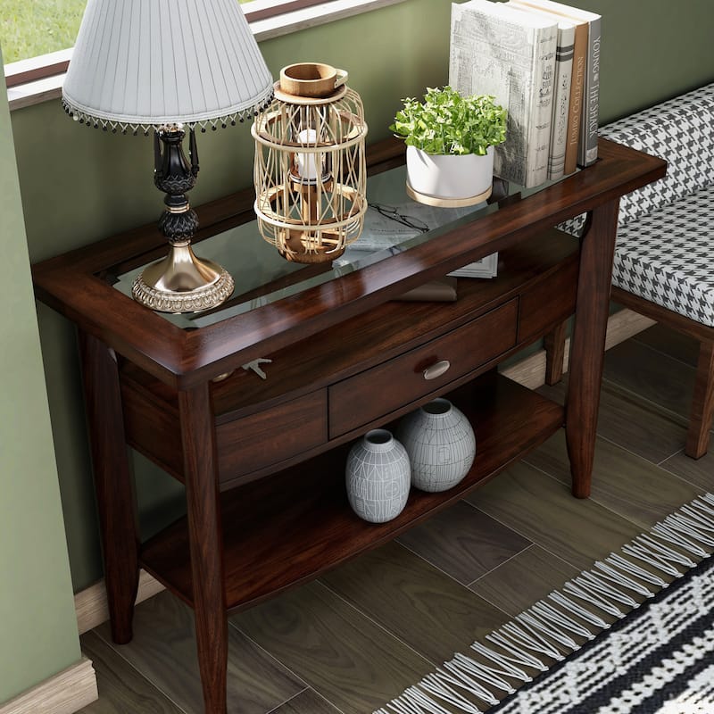 Genoas Traditional Walnut 44-inch Glasstop 1-Drawer Console Table by Furniture of America