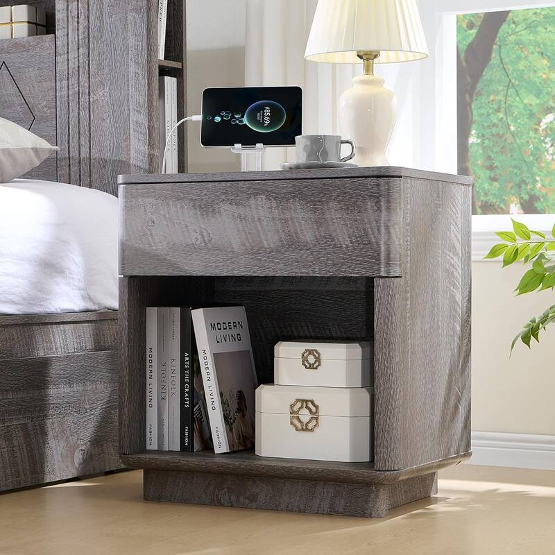 Modern Nightstand with Charging Station, End Table, Wood Beside Table
