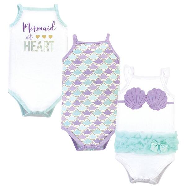 slide 1 of 1, Little Treasure Baby Girl Cotton Bodysuits 3pk, Mermaid 0-3 Months - Mermaid