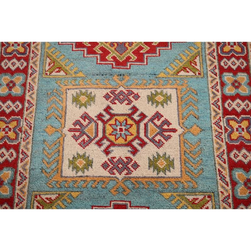 Geometric Blue Kazak Oriental Accent Rug Hand-Knotted Wool Carpet - 2'8" x 3'10"
