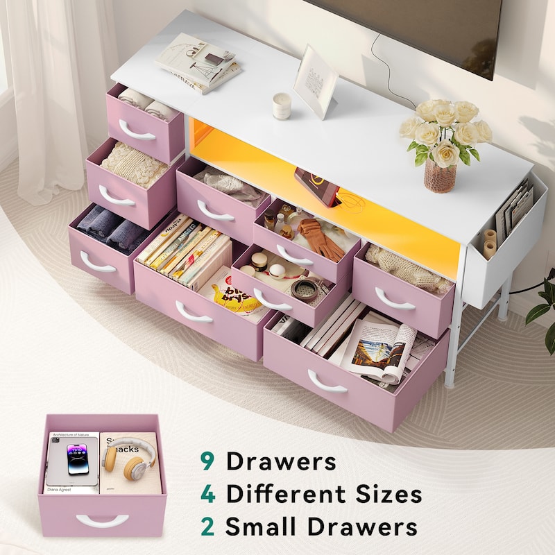 Moasis 50"W 9-drawer Fabric Dresser, Media Console, TV Stand with Outlets, RGB Lights