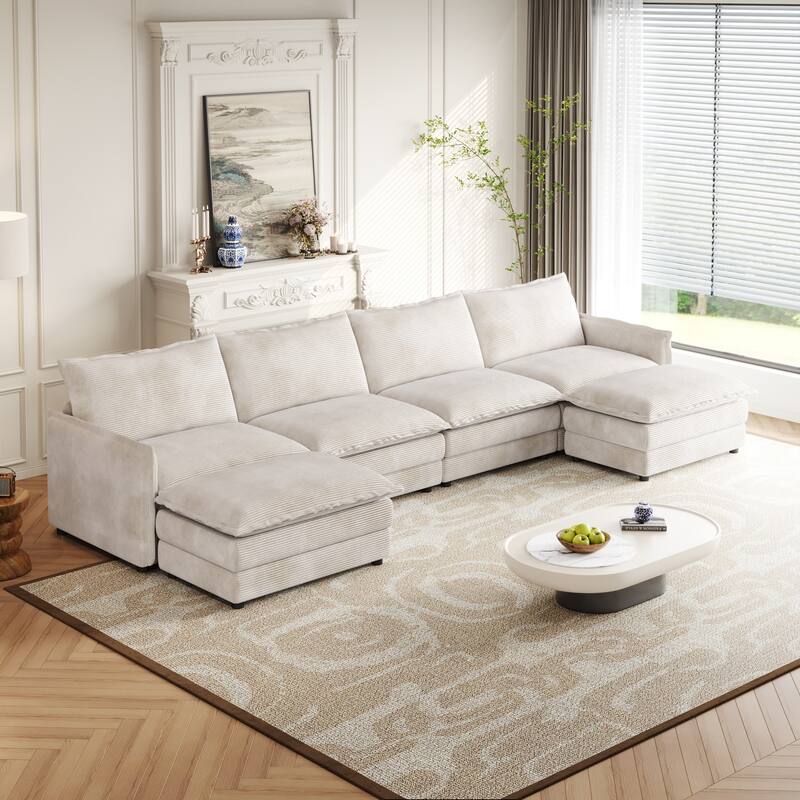 4-Seater Couch with 2 Ottomans, Corduroy Upholstered Cloud Sectional Deep Seat Sleeper Sofa U-Shaped Modular Couch