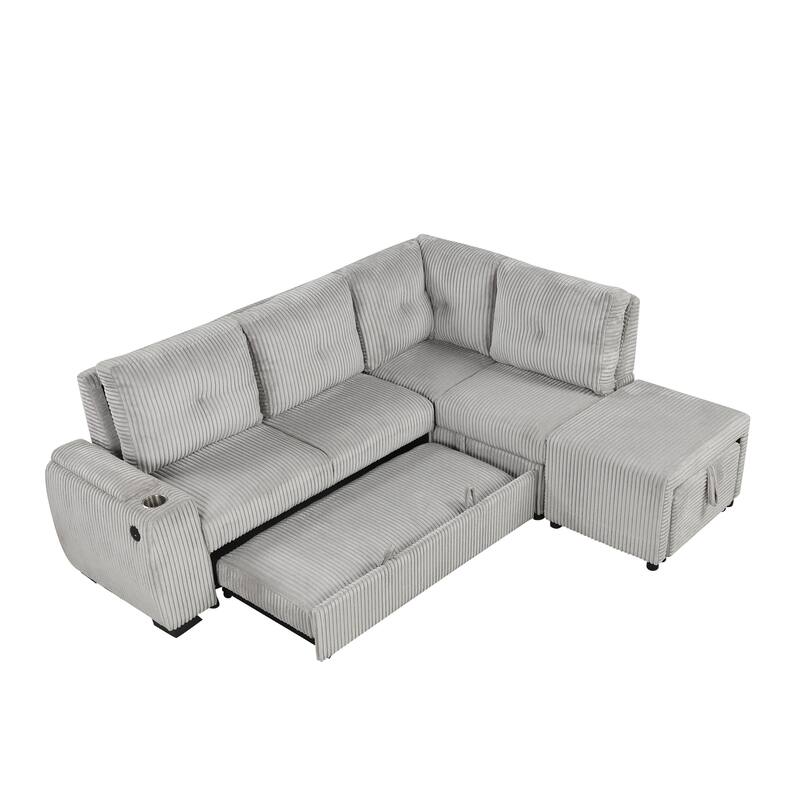94" L-shaped Sectional Sofa Bed with Ottoman, Storage, Cup Holder & USB Ports (Light Grey Corduroy)