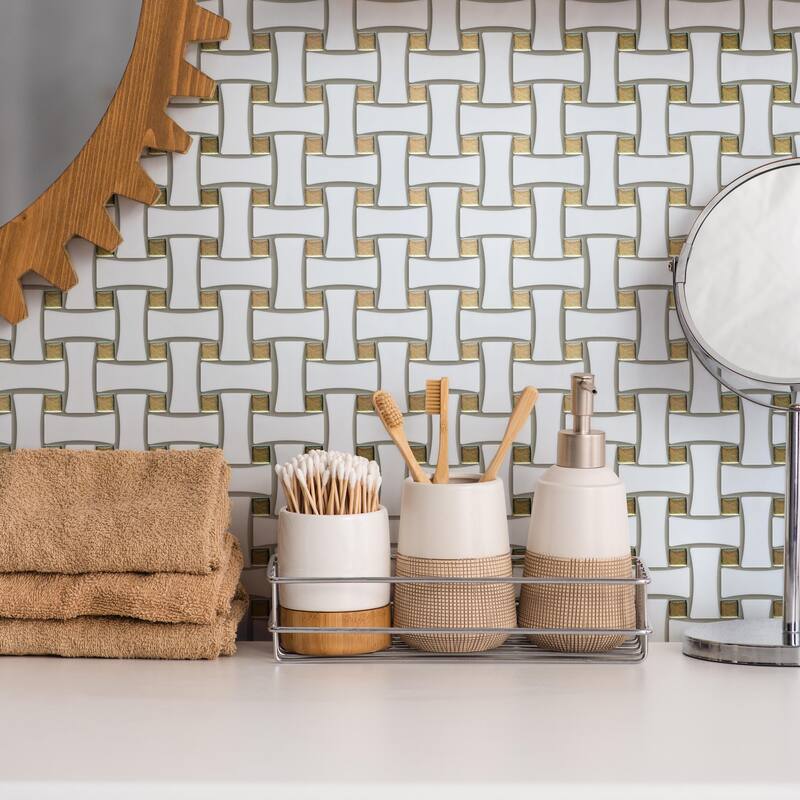 Merola Tile Metro Dog Bone Basketweave Matte White with Glass Gold Dot 10" x 10" Porcelain Mosaic Wall Tile