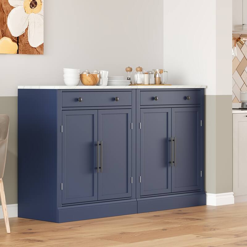 Modern Freestanding Kitchen Pantry,Buffet Food Storage, Coffee Bar Cabinet with Drawer, 2 Adjustable Shelves , Set of 2 - Blue