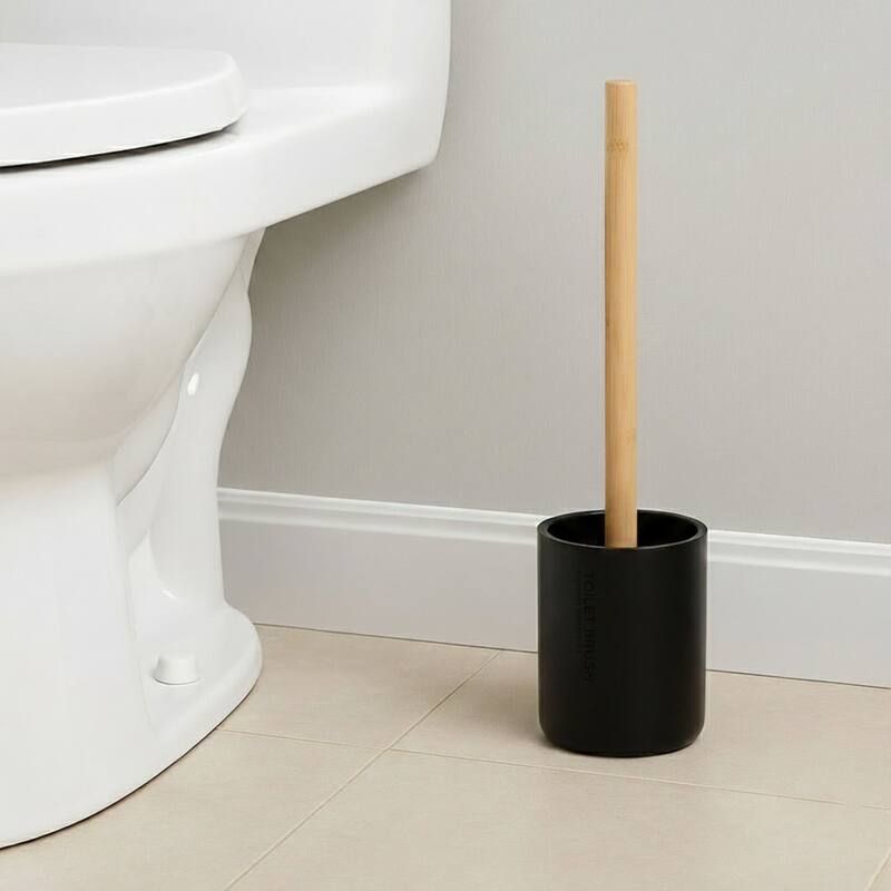Chic Matte Toilet Brush Holder Set with Natural Bamboo Handle - 4 L x 4 W x 14.8 H - Black