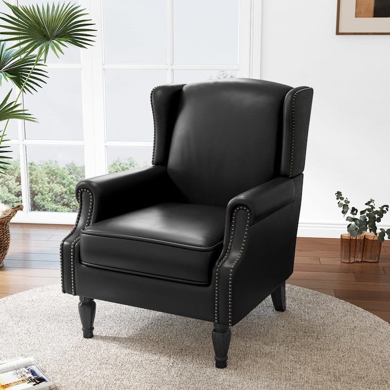 Mid-Century Modern Linen/ Vegan Leather Wing Back Accent Chair