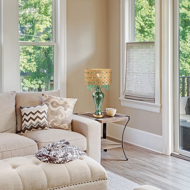 Bridget River of Goods Green and Gold Glass and Metal Drum Shade 25-Inch Table Lamp - 13.75" x 13.75" x 25"