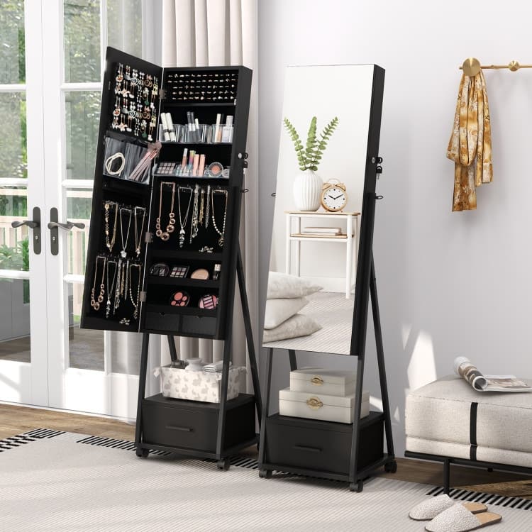 Full-Length Mirror Jewelry Cabinet for Storage and Organization - 16.5" x 15" x 62"(L x W x H)