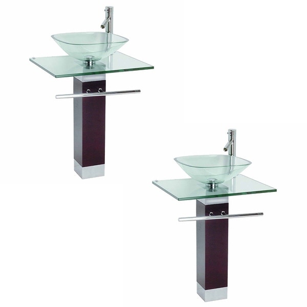Tempered Glass Pedestal Sink Chrome Faucet Towel Bar & Drain Pack Of 2 - 1