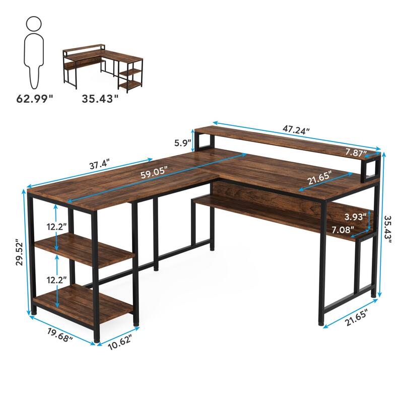 59-Inch Reversible L Shaped Computer Desk with Monitor Shelf