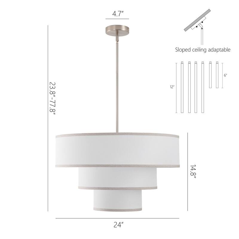 Modern Chandelier 24" 5-Light Nickel Tiered Drum Linen Shade