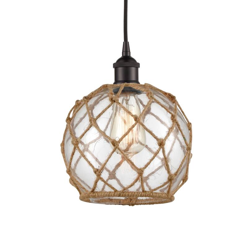 Innovations Lighting 616-1P-11-8 Farmhouse Pendant Farmhouse 8" Wide - Oil Rubbed Bronze / Clear Glass / Brown Rope