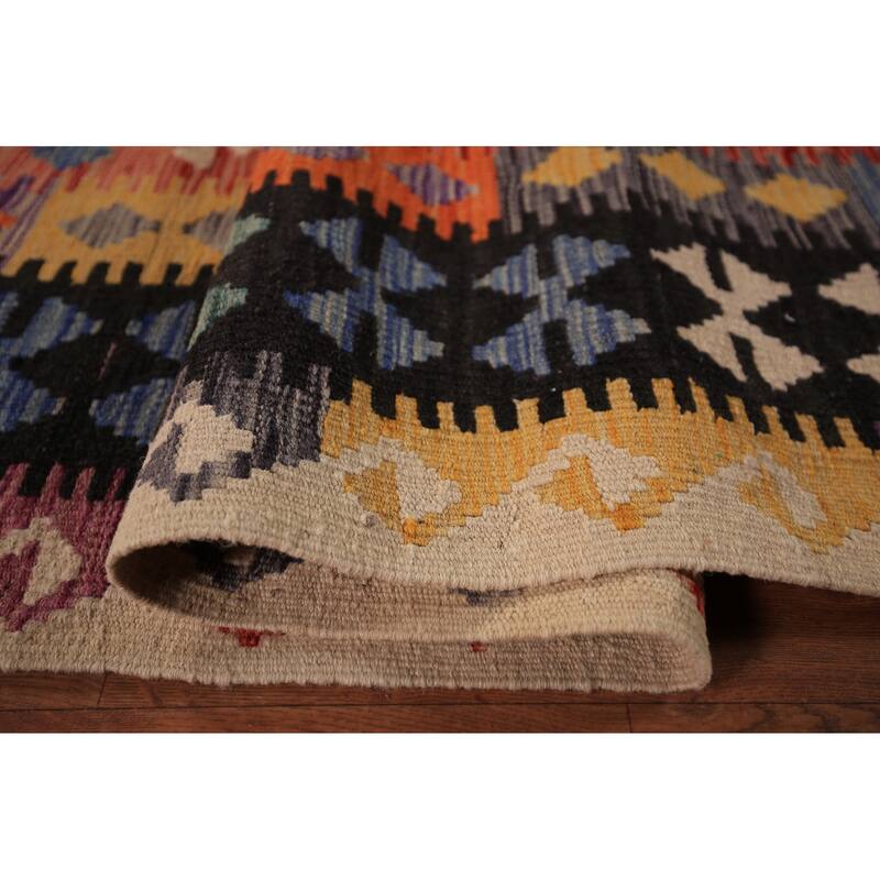 Orange Geometric Kilim Oriental Area Rug Flatweave Wool Carpet - 8'3" x 11'8"