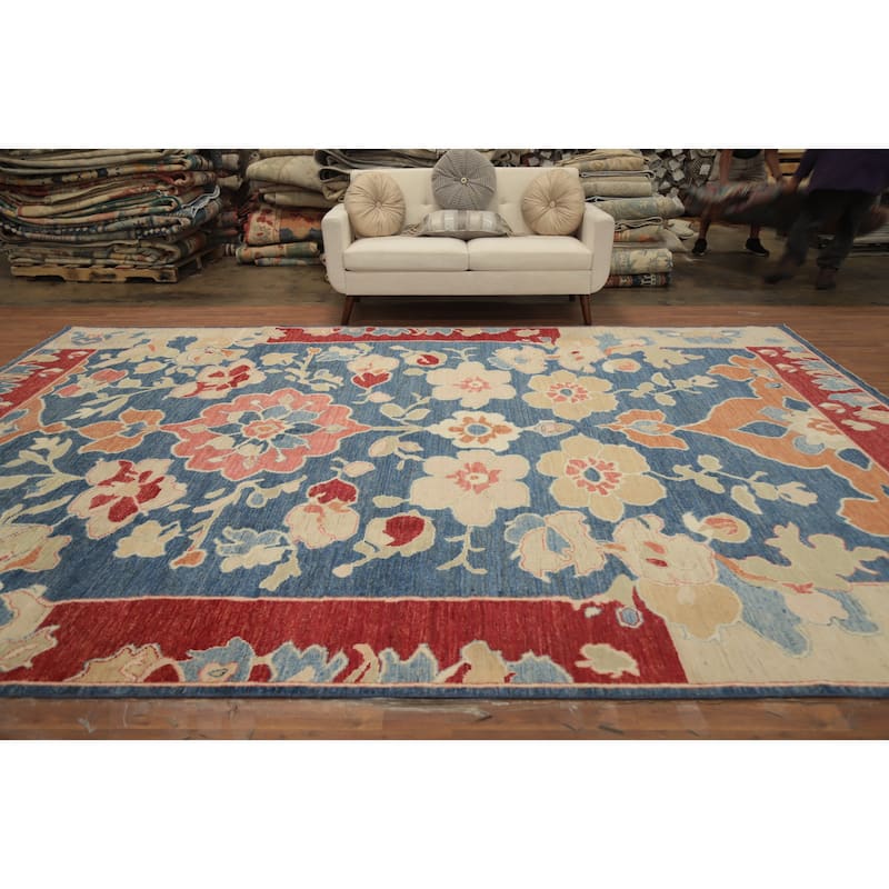 Hand Knotted Oriental 100% Wool Carpet Transitional Floral Navy Blue & Blues Oushak Area Rug - 13' 9'' X 10' 3''