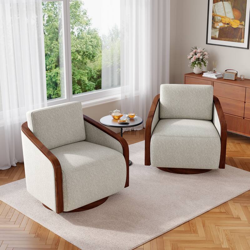 Set of 2 Modern 360° Swivel Accent Barrel Chairs with Wood Arms